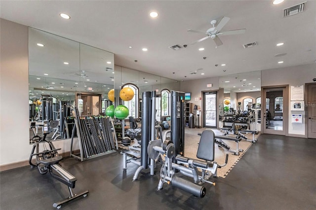 workout area with a ceiling fan, visible vents, and recessed lighting