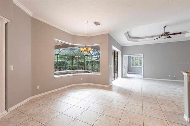 spare room featuring crown molding, light tile patterned floors, a raised ceiling, baseboards, and ceiling fan with notable chandelier