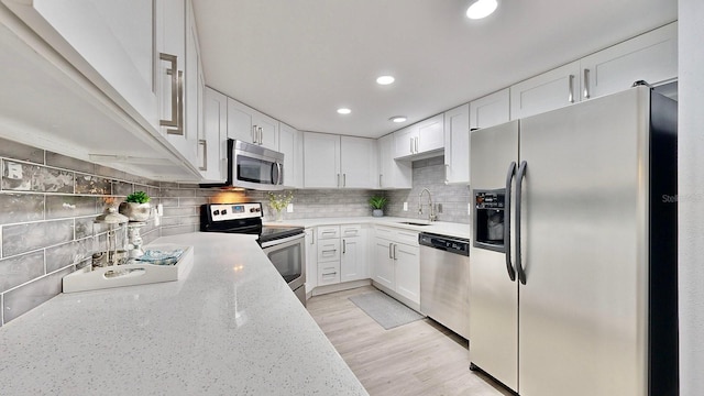 kitchen featuring tasteful backsplash, sink, stainless steel appliances, and white cabinets