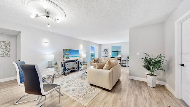 living room featuring light hardwood / wood-style flooring and a textured ceiling