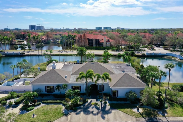 aerial view featuring a water view