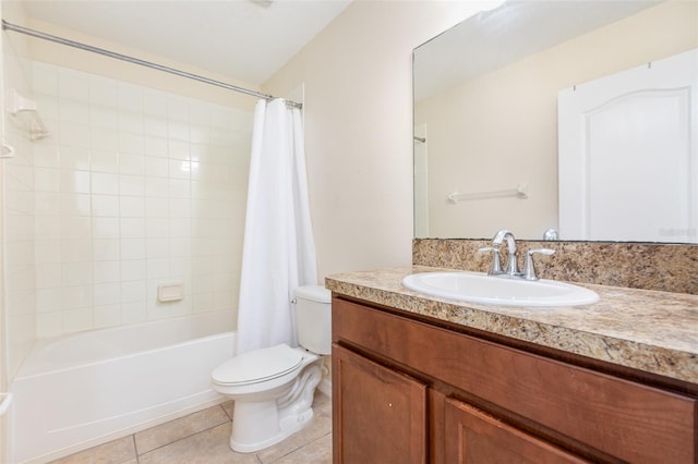 full bathroom featuring toilet, tile patterned flooring, shower / bathtub combination with curtain, and vanity