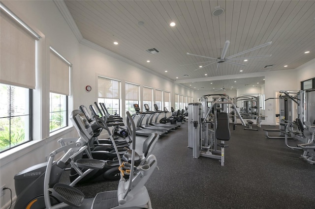 gym featuring crown molding and wooden ceiling