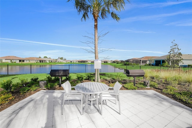 view of patio featuring a water view