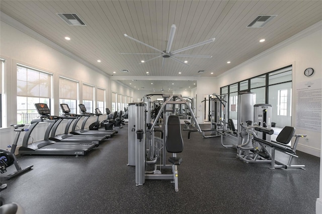 gym with wood ceiling and crown molding