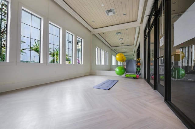 sunroom featuring wood ceiling