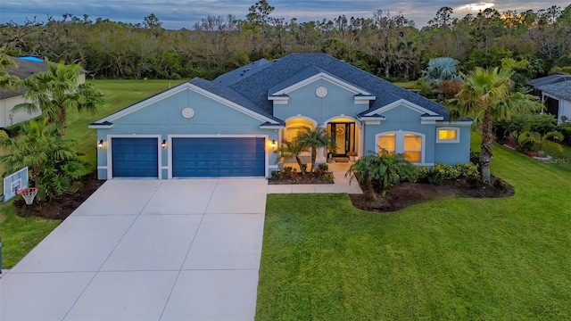 view of front of house featuring a garage and a lawn