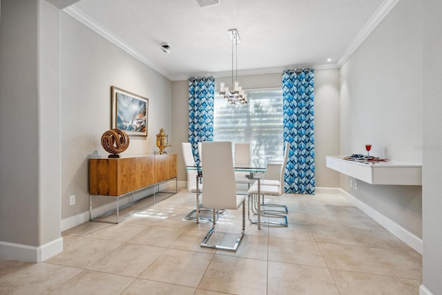 dining area featuring crown molding, light tile patterned floors, and a chandelier