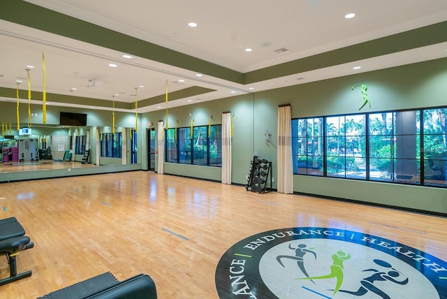 exercise room featuring crown molding, a raised ceiling, and hardwood / wood-style flooring