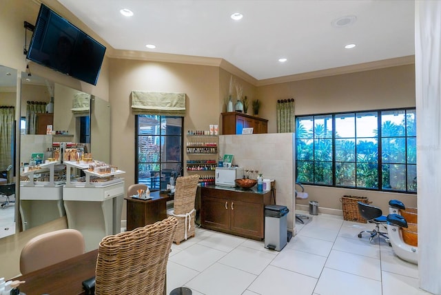 office space with light tile patterned floors, recessed lighting, baseboards, and crown molding