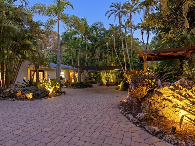 view of front of home featuring decorative driveway and a pergola