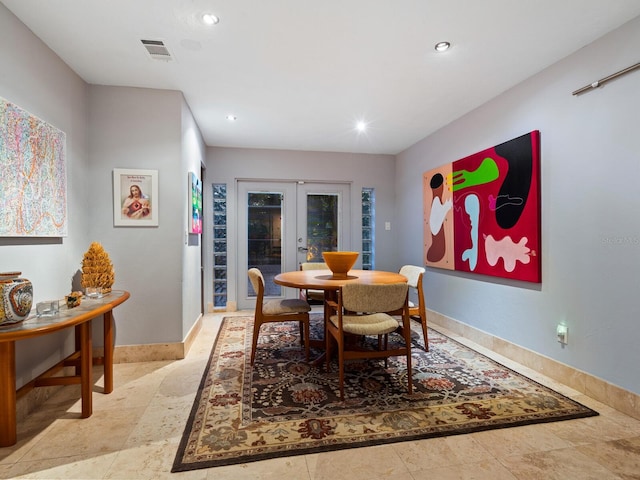 dining space featuring recessed lighting, baseboards, visible vents, and french doors