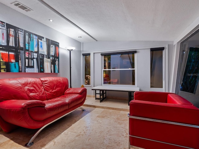 living area with lofted ceiling, a textured ceiling, and visible vents