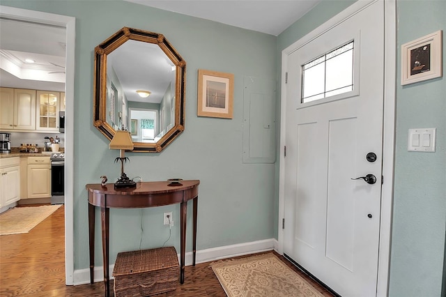 entrance foyer featuring light wood-style floors, baseboards, and a tray ceiling