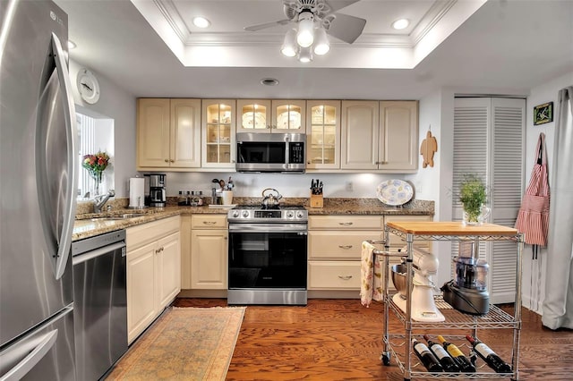 kitchen with wood finished floors, a sink, appliances with stainless steel finishes, a tray ceiling, and crown molding