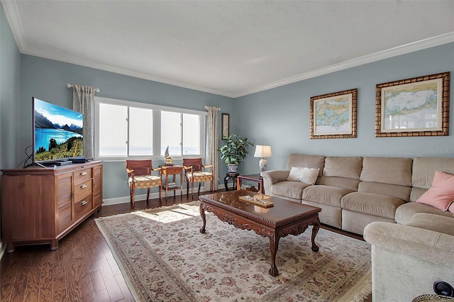 living area with dark wood-type flooring, ornamental molding, and baseboards