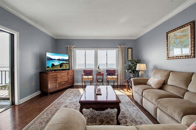 living area featuring crown molding, a textured ceiling, wood finished floors, and baseboards