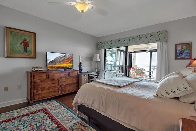 bedroom featuring ceiling fan, baseboards, vaulted ceiling, access to exterior, and dark wood-style floors