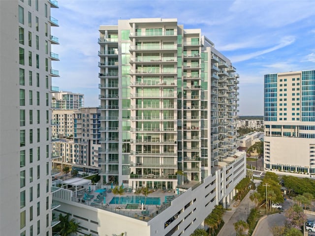 view of building exterior with a city view