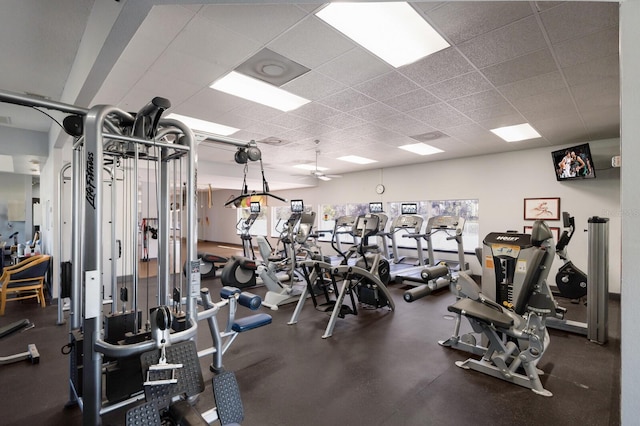 exercise room featuring a drop ceiling