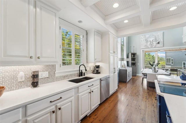 kitchen featuring dark hardwood / wood-style floors, sink, white cabinets, decorative backsplash, and stainless steel dishwasher