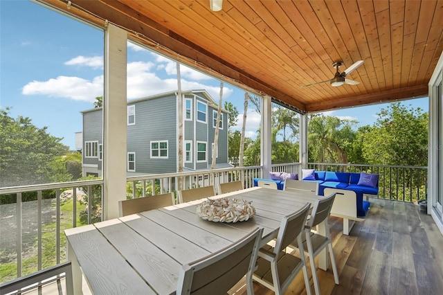 sunroom / solarium featuring ceiling fan and wooden ceiling