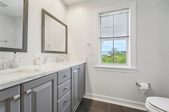 bathroom with vanity, toilet, and tile patterned flooring