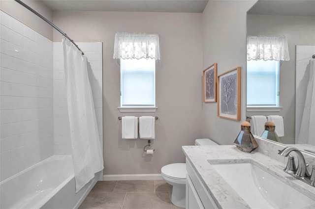 full bathroom featuring shower / bath combination with curtain, vanity, toilet, and tile patterned flooring