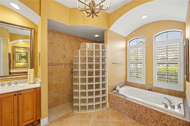 bathroom with vanity, a notable chandelier, tile patterned floors, and independent shower and bath