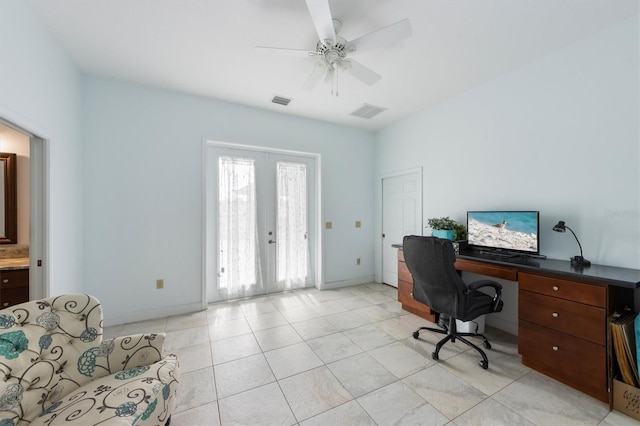 tiled home office with french doors and ceiling fan