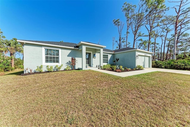 ranch-style home with a garage and a front yard