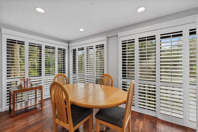 dining space with dark hardwood / wood-style floors