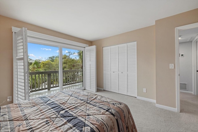 bedroom with access to exterior, a closet, and carpet