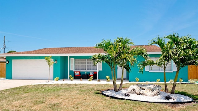 ranch-style house featuring a garage and a front lawn