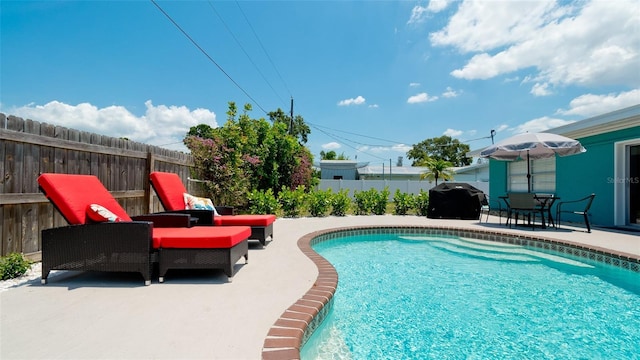 view of swimming pool featuring grilling area and a patio area