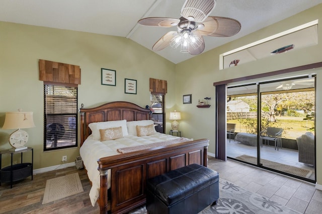 bedroom featuring lofted ceiling, ceiling fan, access to outside, and wood-type flooring