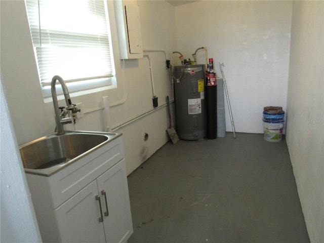 interior space with white cabinetry, sink, and water heater