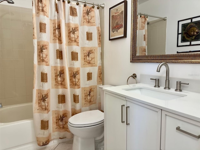 full bathroom featuring vanity, shower / tub combo, and toilet