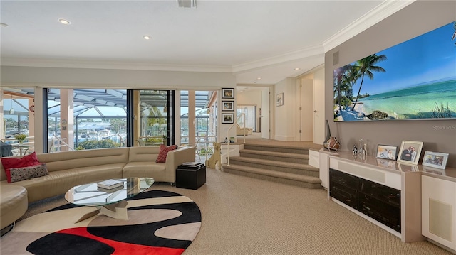 living room with crown molding and carpet flooring