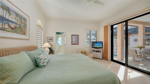 bedroom featuring crown molding, access to outside, light colored carpet, and ceiling fan