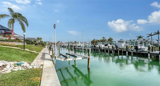 dock area with a water view and a yard