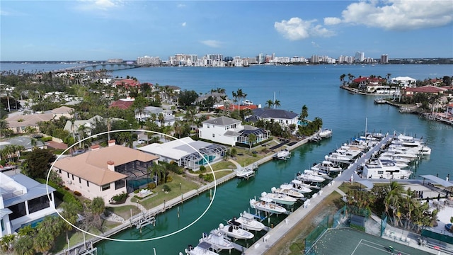 drone / aerial view featuring a water view