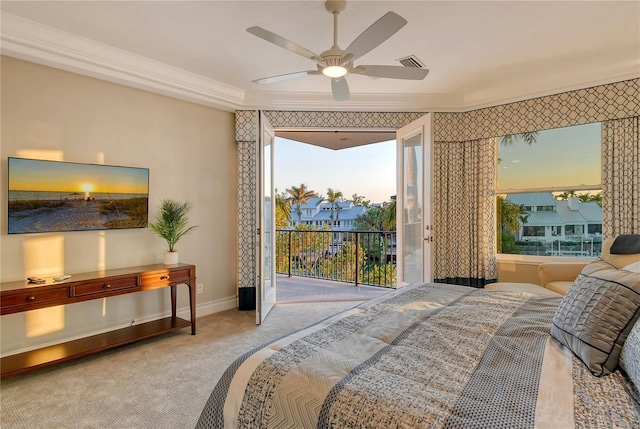 bedroom with access to outside, ornamental molding, ceiling fan, and carpet