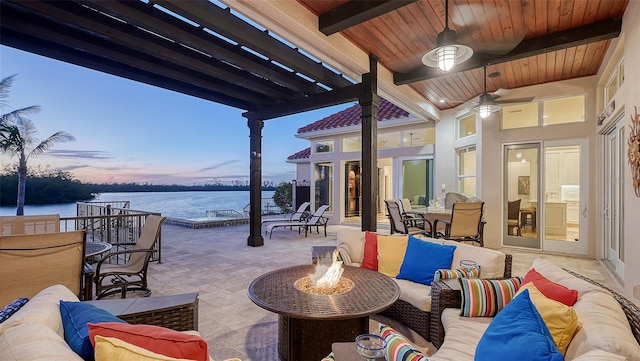 400 N Washington Dr, Sarasota, FL 34236 - view of patio featuring an outdoor living space, a water view, outdoor dining area, and ceiling fan