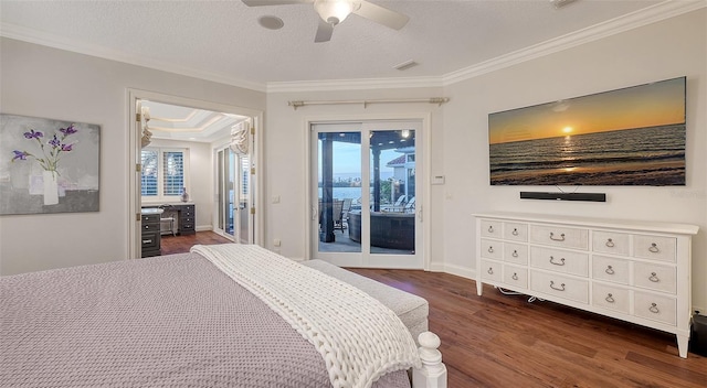 400 N Washington Dr, Sarasota, FL 34236 - bedroom with access to exterior, dark wood-style flooring, multiple windows, ornamental molding, and ceiling fan