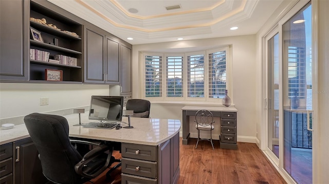400 N Washington Dr, Sarasota, FL 34236 - office area with crown molding, dark wood-style floors, recessed lighting, and baseboards