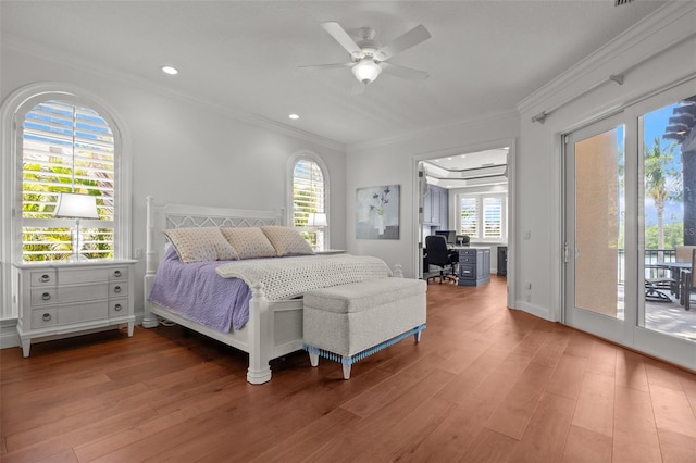 400 N Washington Dr, Sarasota, FL 34236 - bedroom featuring access to exterior, ornamental molding, light wood-style flooring, an office area, and a ceiling fan