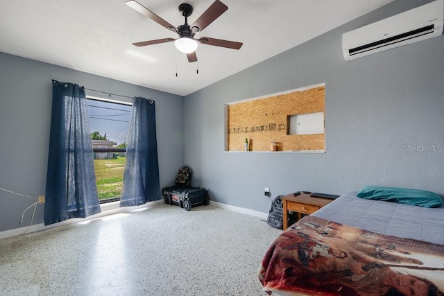 bedroom with vaulted ceiling, a wall mounted air conditioner, and ceiling fan