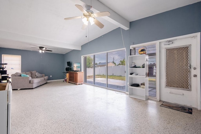 living room with ceiling fan, high vaulted ceiling, and beam ceiling