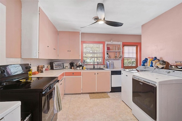 kitchen with light countertops, black range with electric stovetop, a ceiling fan, washing machine and dryer, and dishwasher